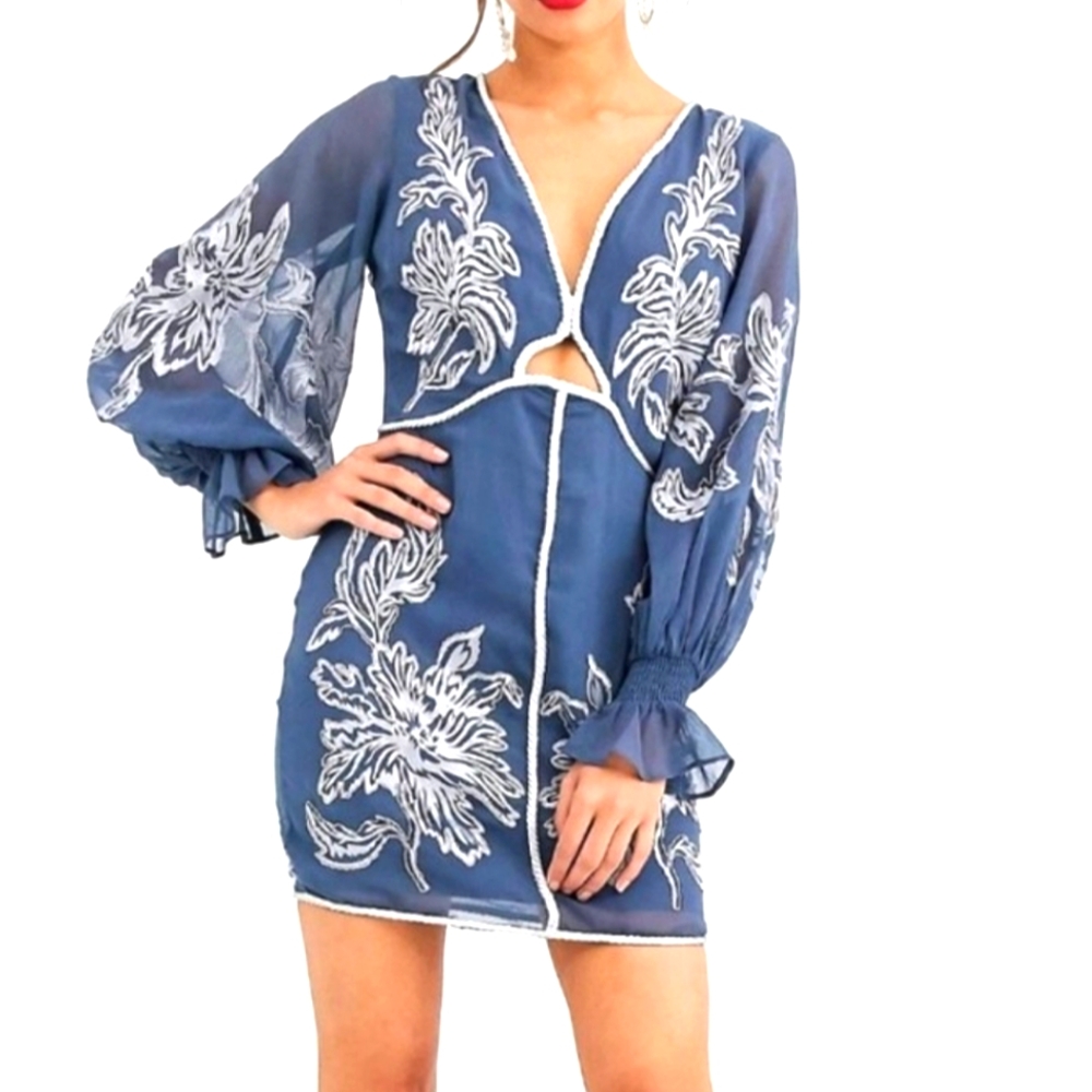 ASOS Design Rope Trim Dress Size 12 Embroidered Floral Blouson Sleeves Bohemian
